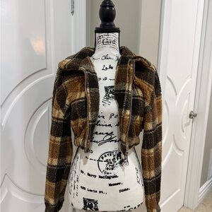 Fuzzy Cropped Brown and Tan Plaid Teddy Jacket